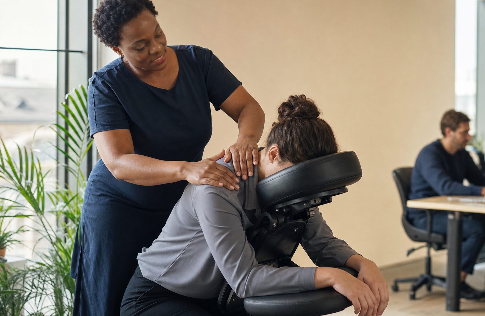 Séance de massage assis en entreprise : la praticienne travaille les épaules d’une salariée installée sur une chaise ergonomique, dans un bureau ouvert.