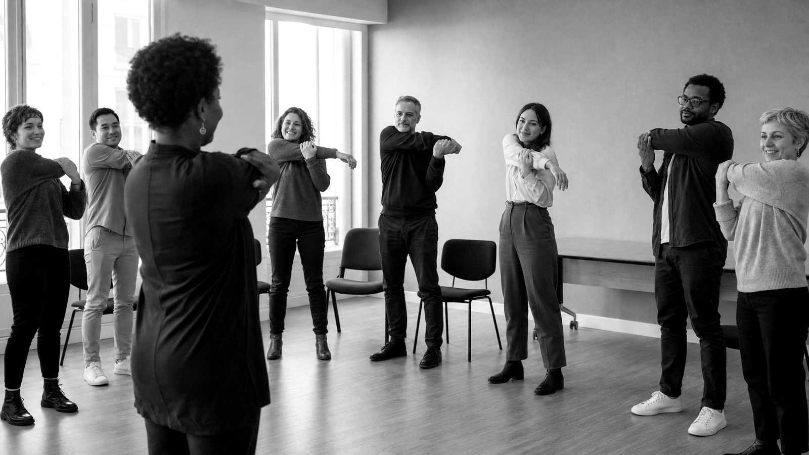 Groupe de salariés debout en salle de réunion pendant un atelier collectif de bien-être, bras levés en étirement.