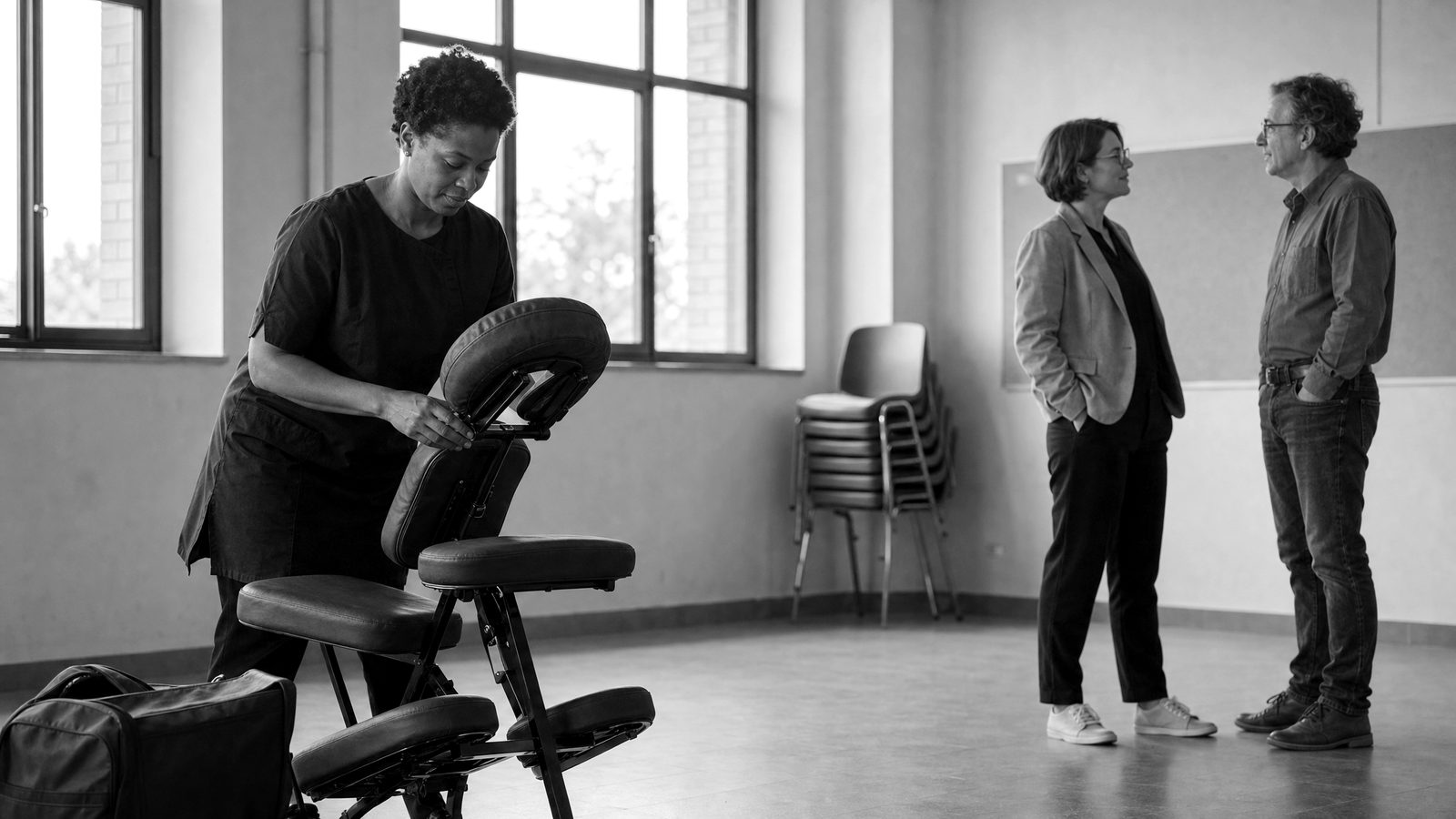 Séance de massage assis installée dans une salle polyvalente d’un bâtiment administratif, pour des agents d’une collectivité.